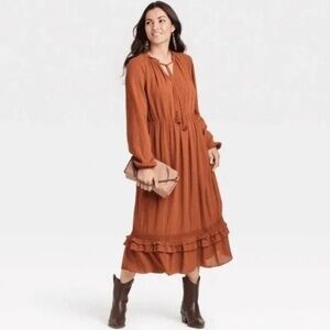 Knox Rose Boho Ruffle Long Sleeve Midi Dress Rust Burnt Orange Prairie Womens XL